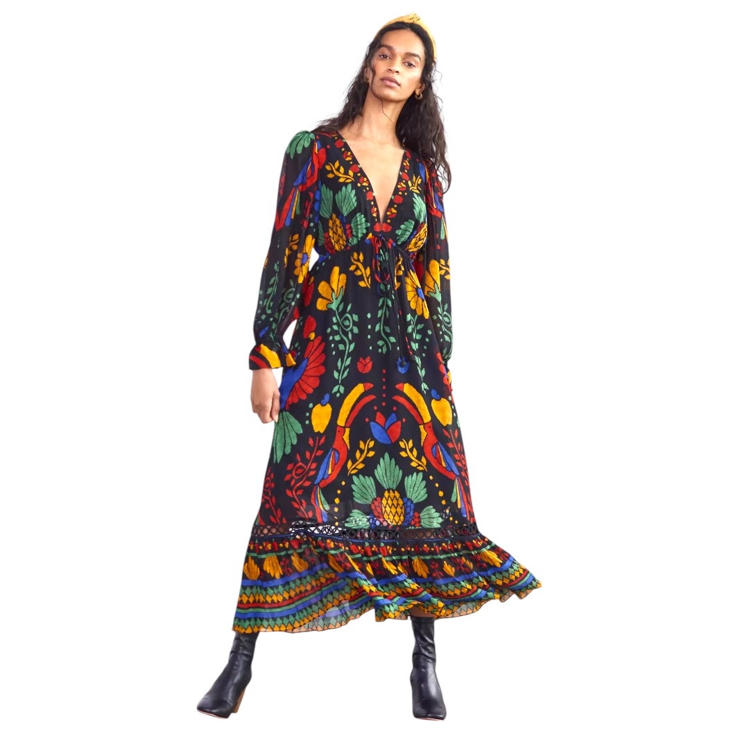 Farm Rio Georgette maxi floral long sleeved v neck dress size Petite Small