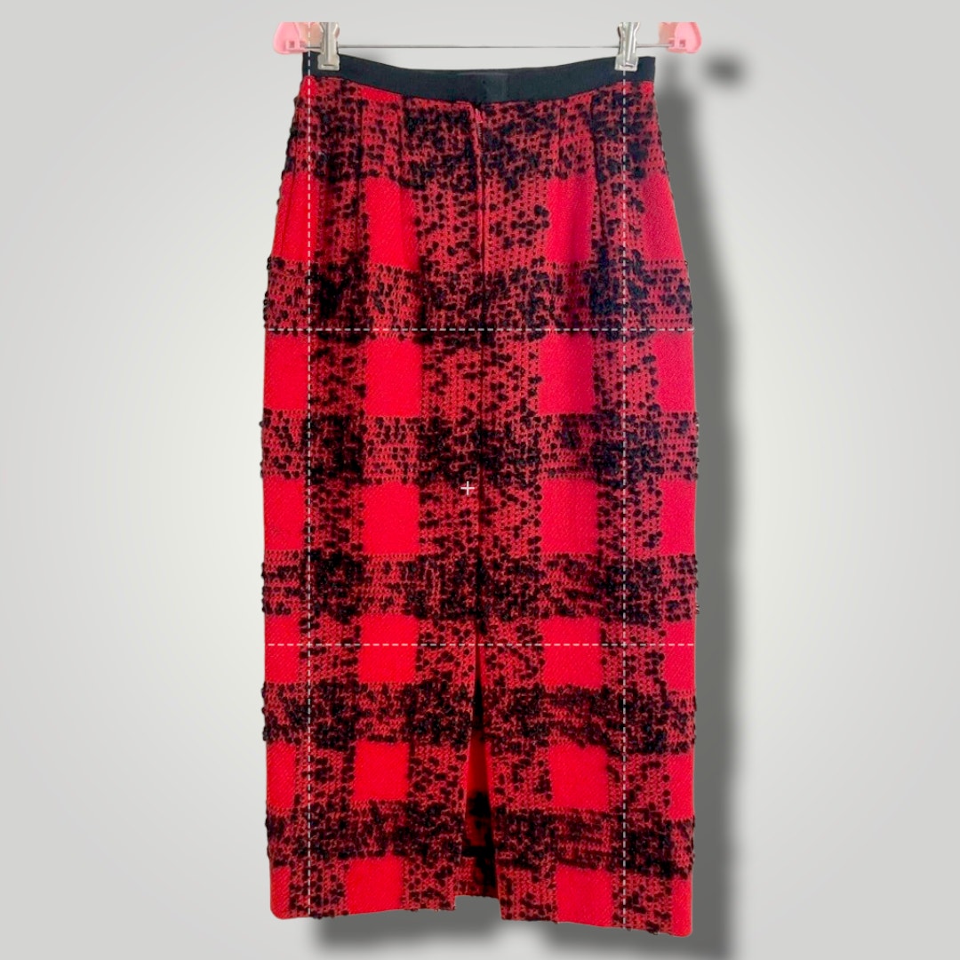 Vintage Handmade 1960s Wool Skirt Red Black Buffalo Check Textured Maxi Pencil