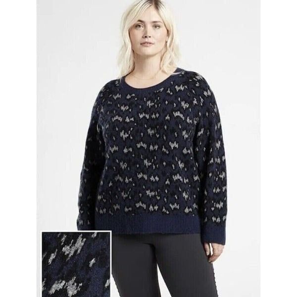 Athleta Hawthorn Merino Wool Crew Neck Sweater Size 3X Navy Leopard
