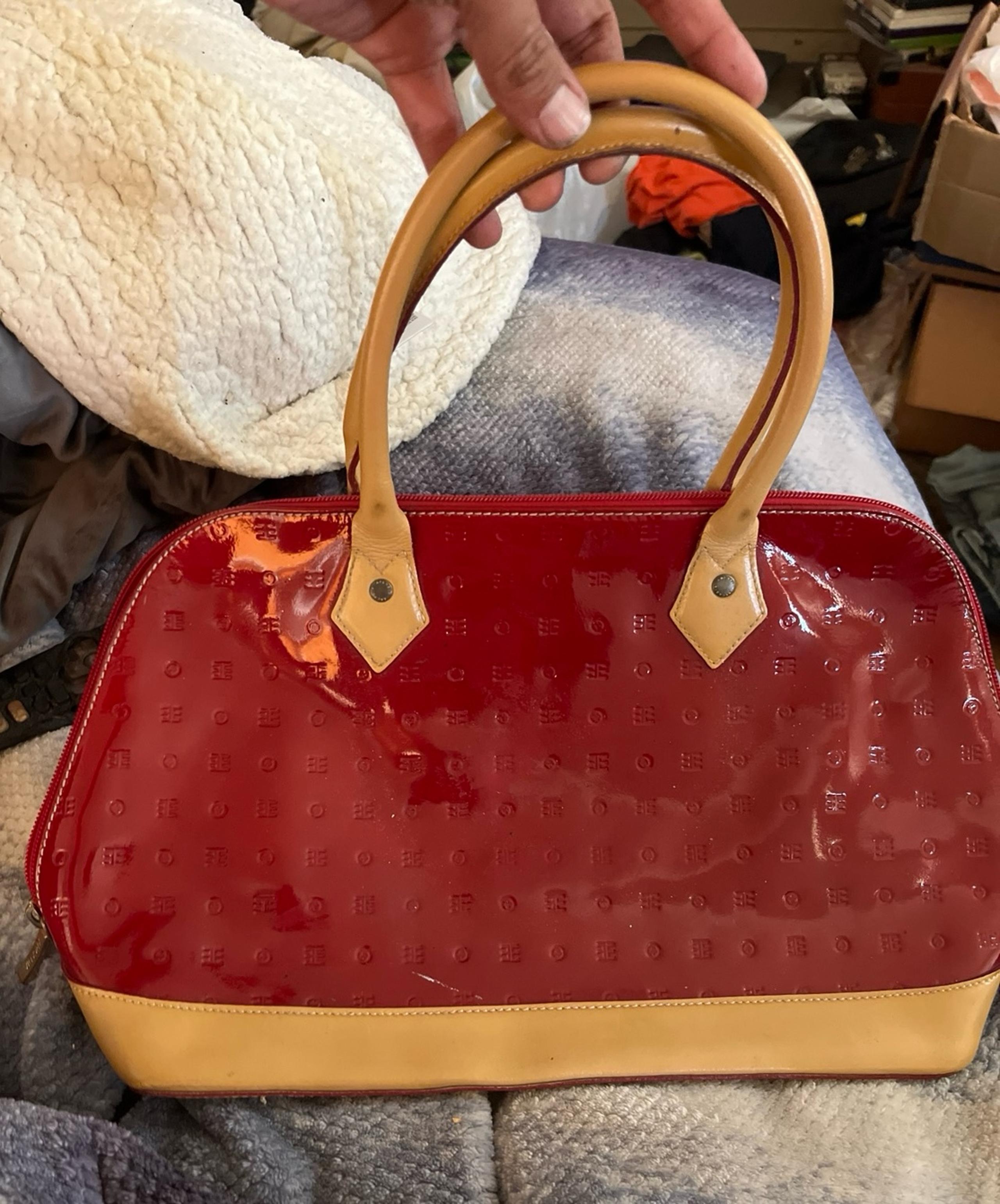 Vintage Arcadia Patent Leather Red & Tan Purse Tote Handbag Handmade Made Italy