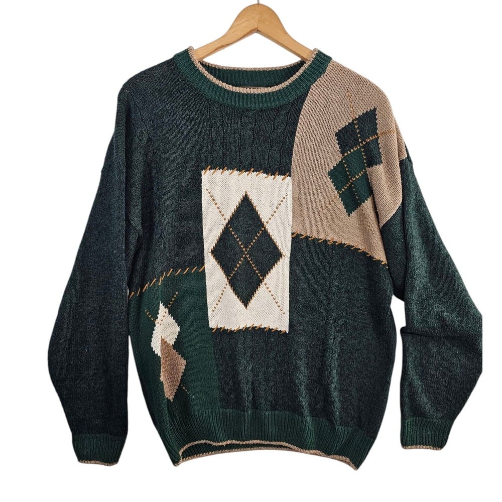 Vintage Croft & Barrow Argyle Patch Green 90s Grandpa Sweater 100% Silk Size XL