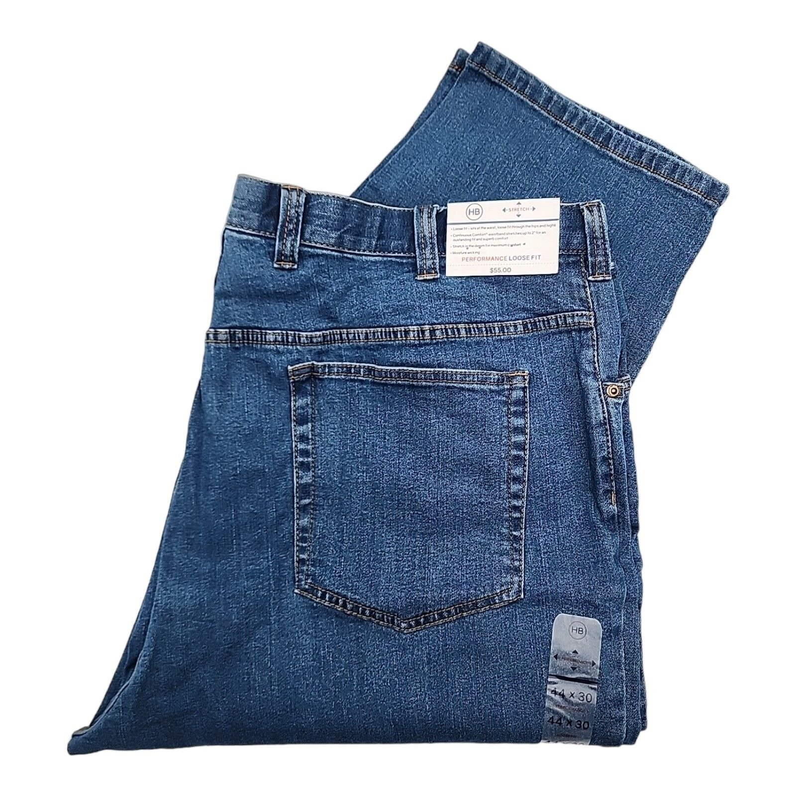 HB Harbor Bay Men's Jeans Blue 44x30 Performance Loose Fit Stretch Denim New
