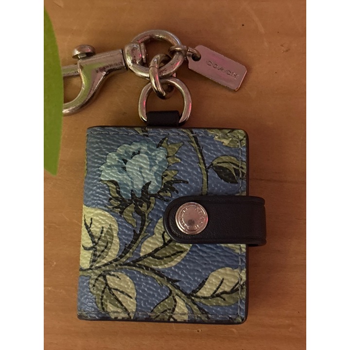 Coach Sleeping Rose Print Picture Frame Bag Charm With Snap Closure & Keyring