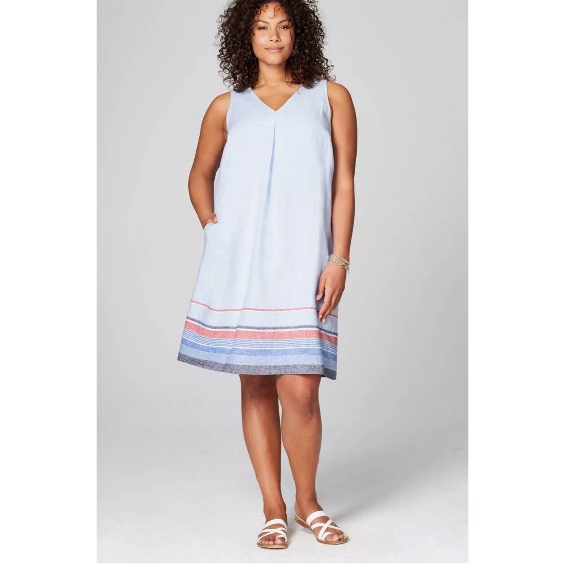 J Jill Love Linen A Line Shift Dress M Blue Stripe Beach Lagenlook Coastal