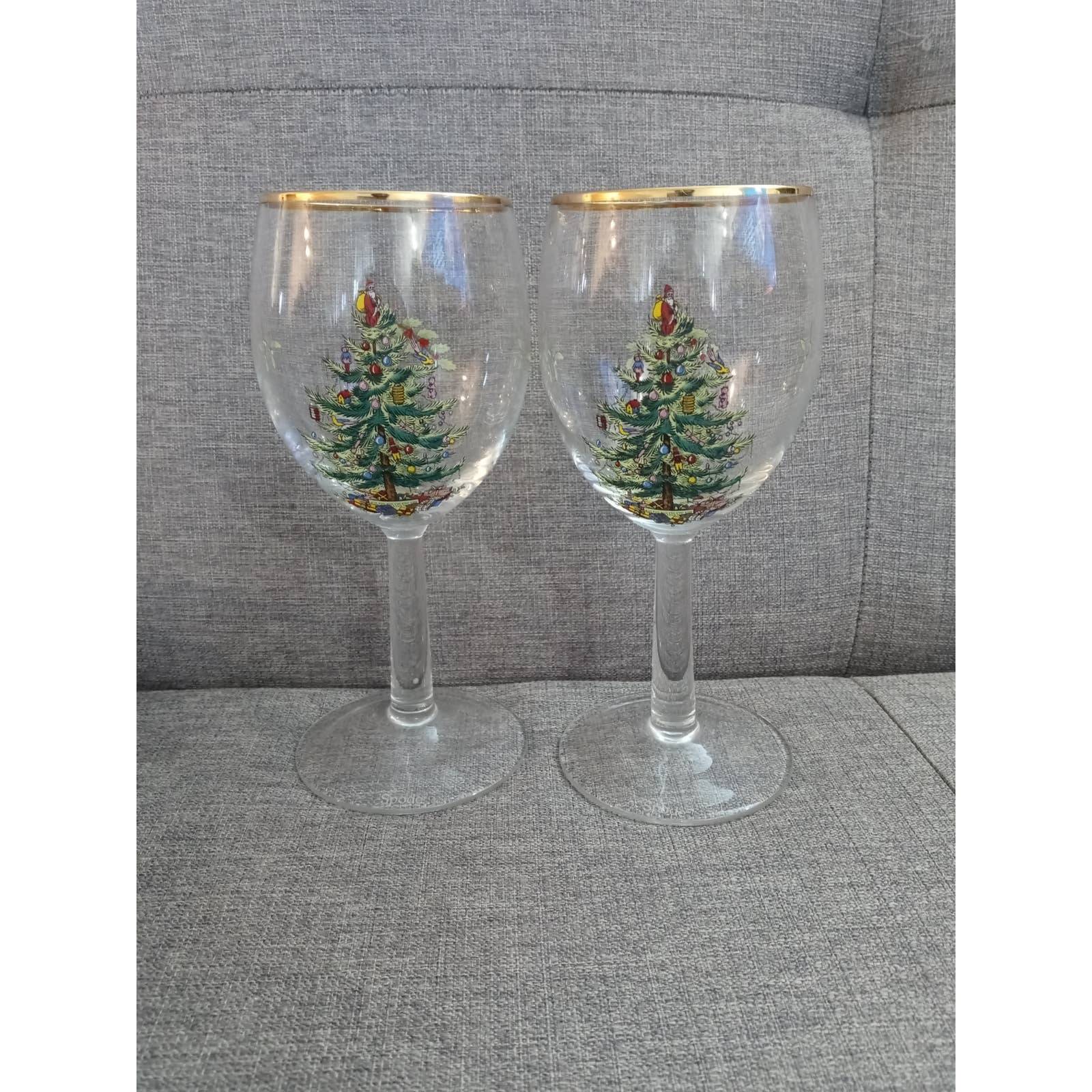 Vintage Spode Christmas Tree Wine Water Glasses Set of 2 Gold Rim