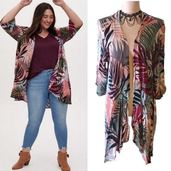 Torrid Colorful Tropical Leaf Prints Crinkle Gauze Midi Kimono M/ L