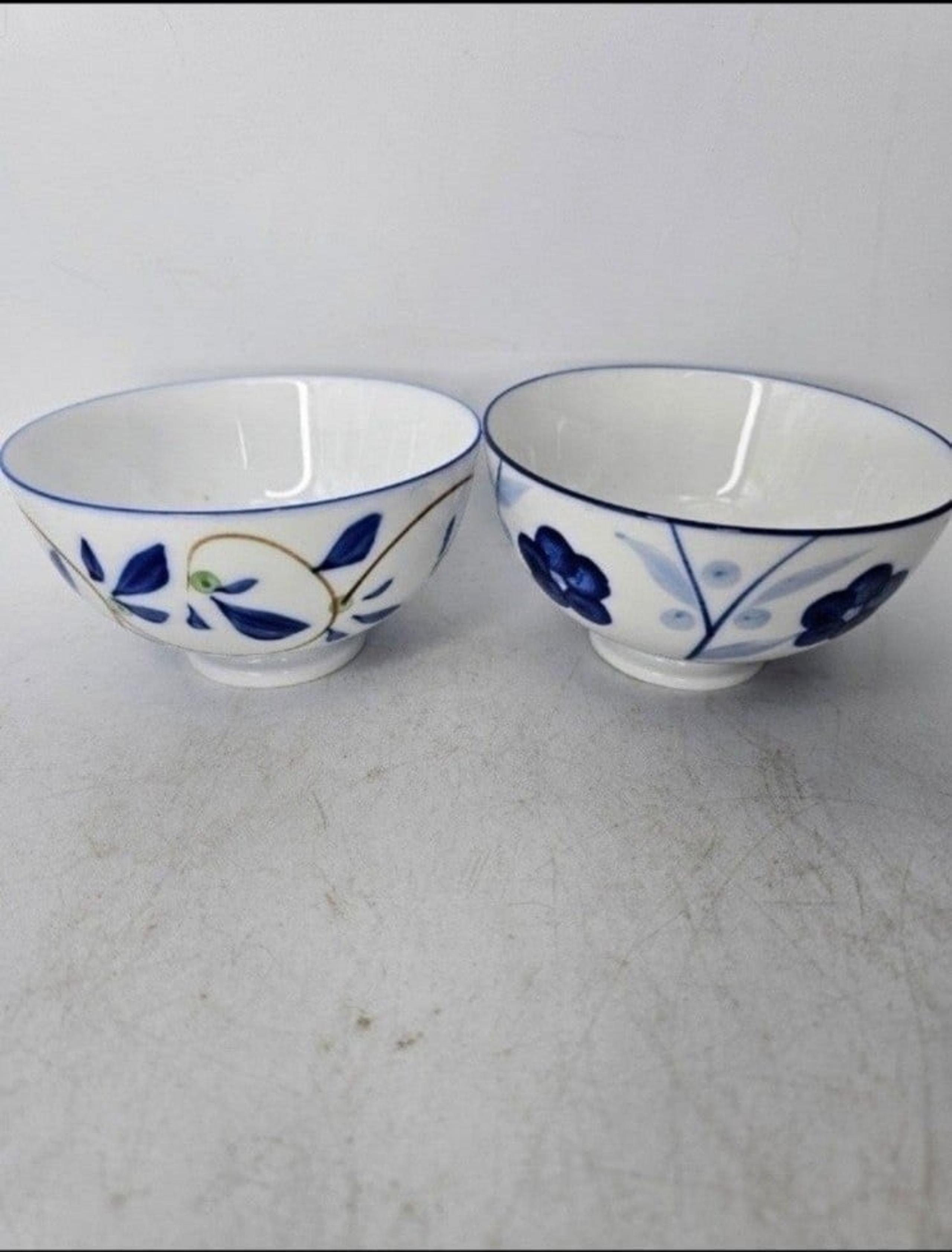 Vintage handpainted blue and white Asian rice or soup bowls