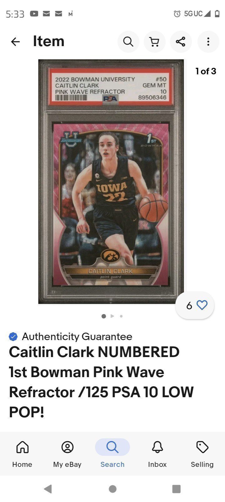 2022 Bowman U Chrome Pink Wave Refractor Caitlin Clark 1st ROOKIE /125 RC PSA 10