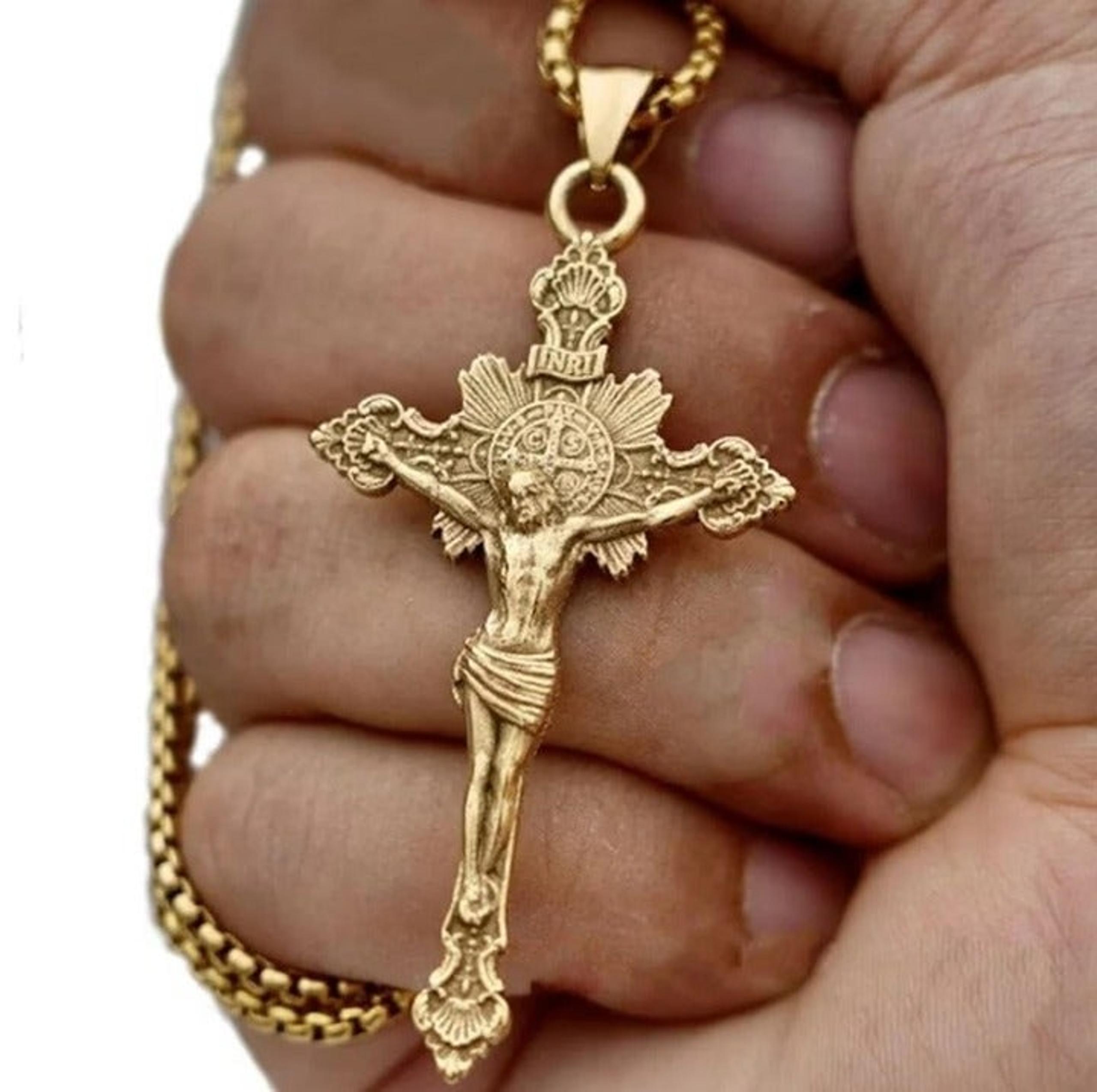 Gold Plated Stainless Steel Jesus Crucifix Cross Pendant Necklace