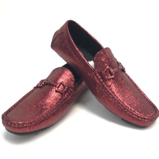 Amali Men's Burgundy Moccasins Slip-on Crackled Metallic Silver Buckle Size 13