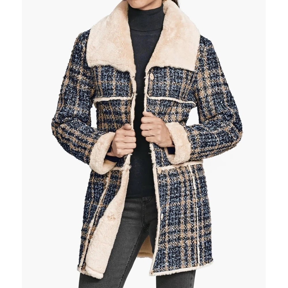 Johnston & Murphy Coat Womens Small Tweed Wool Blend Plaid Blue Black Glitter