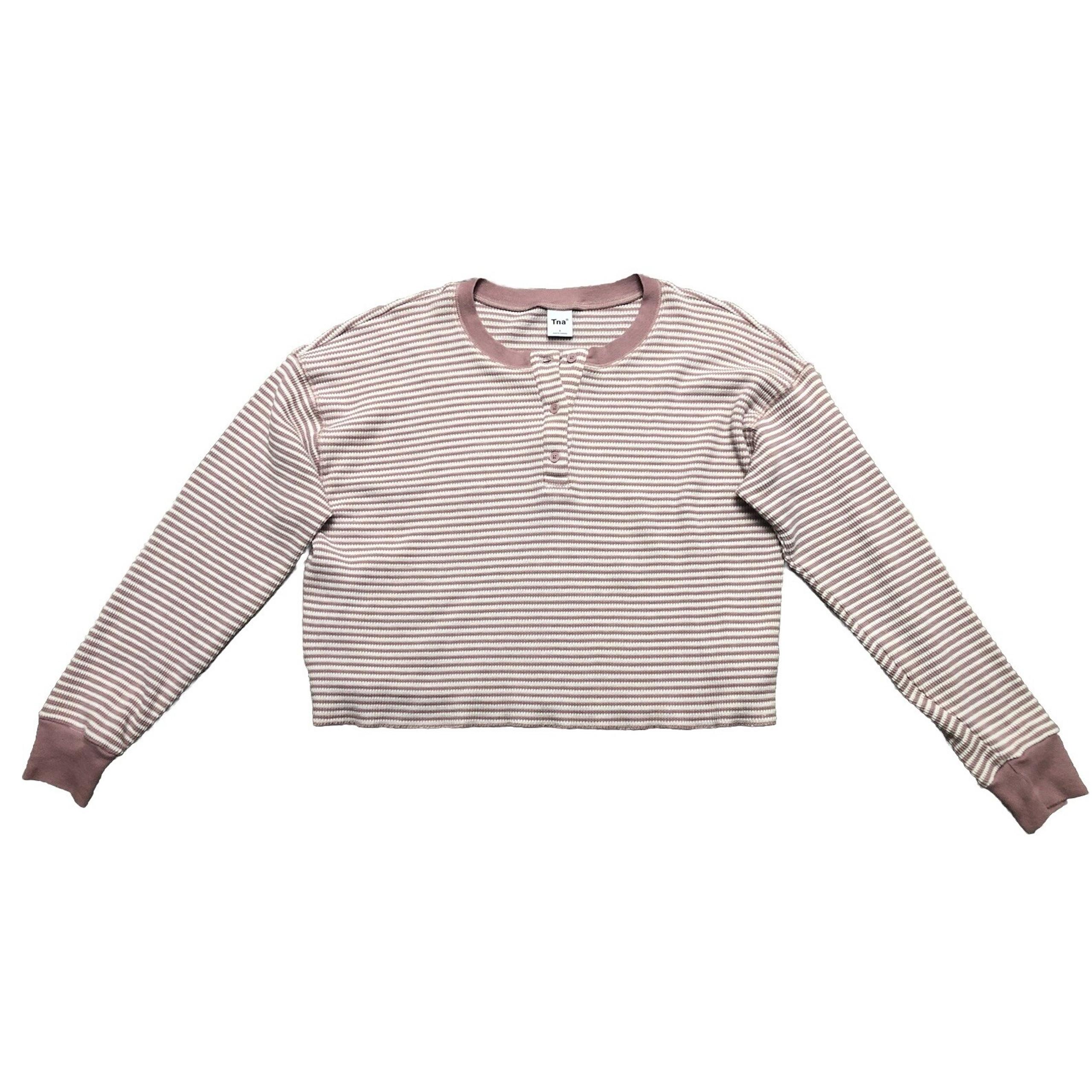 TNA Henley Top Women's S Pink/White Striped Button Up Thermal Cropped