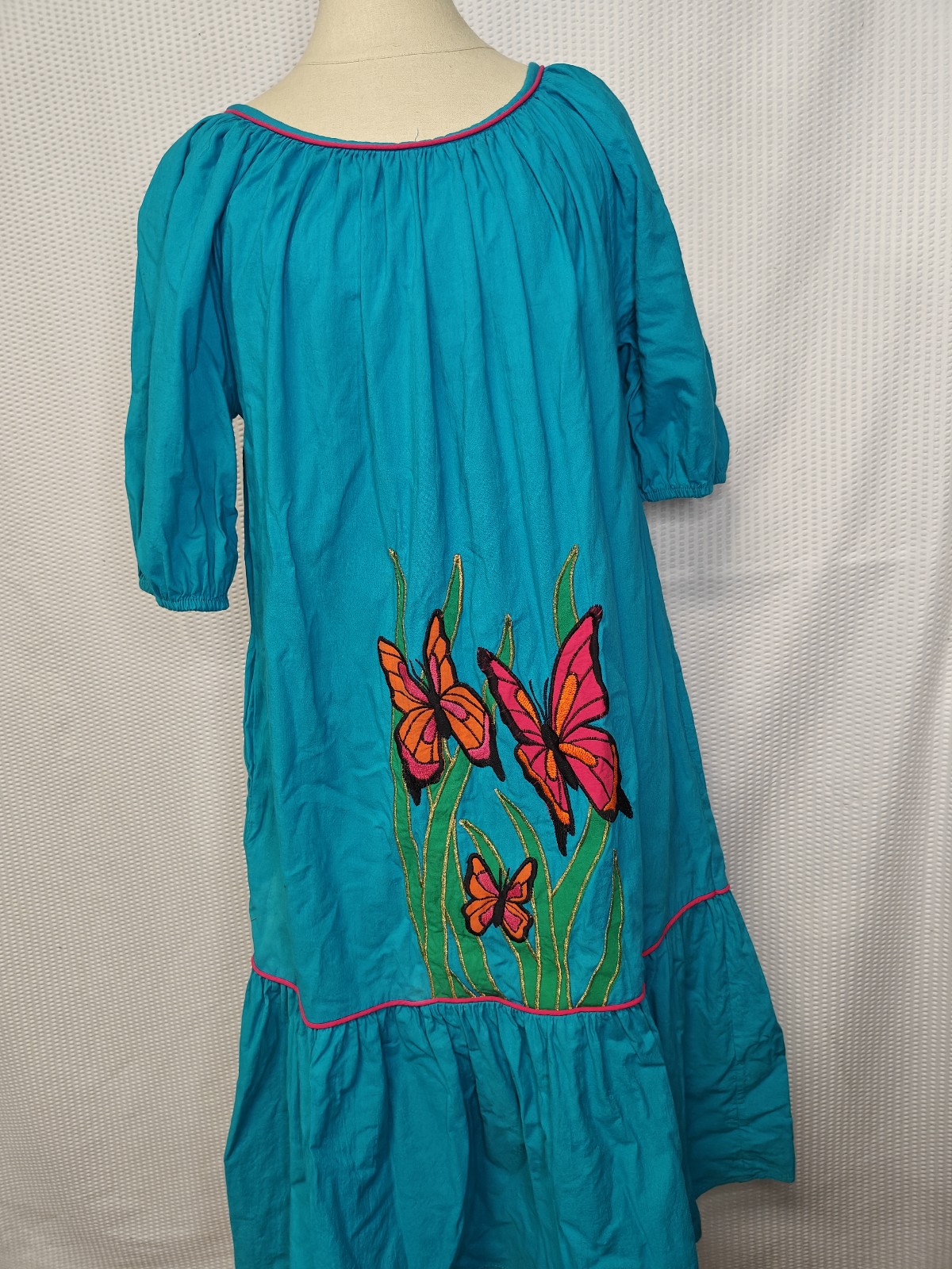 80s Granny Nightgown Teal Blue with Monarch Butterfly Embroidery Abuela Style