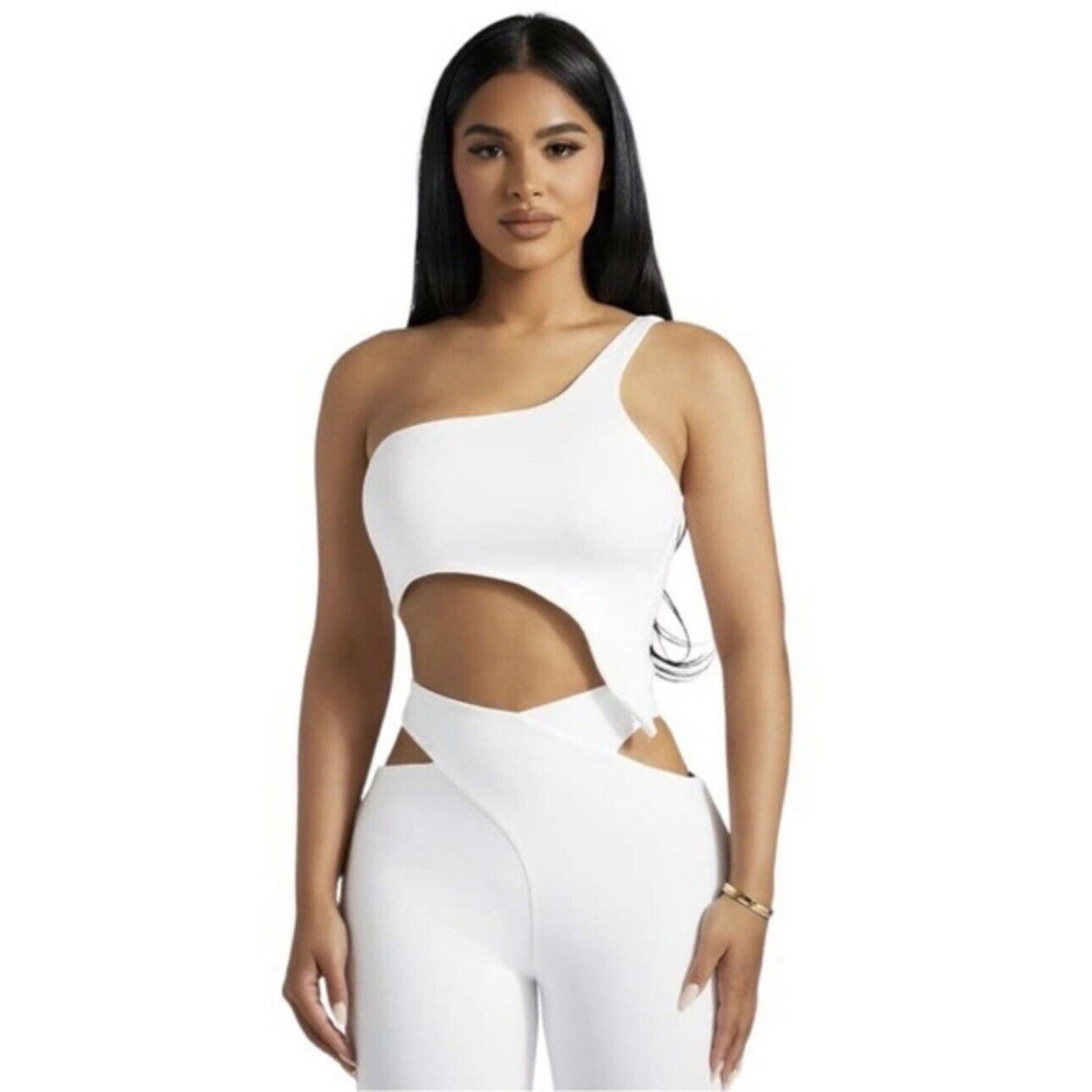 Naked Wardrobe Crop Top One Shoulder Asymmetrical Stretch Knit White Small NWT