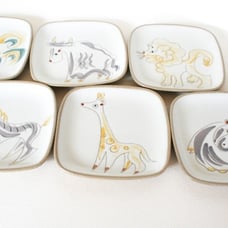 Rare MCM Glidden Pottery animal plates six appetizer dessert rooster hippo lion