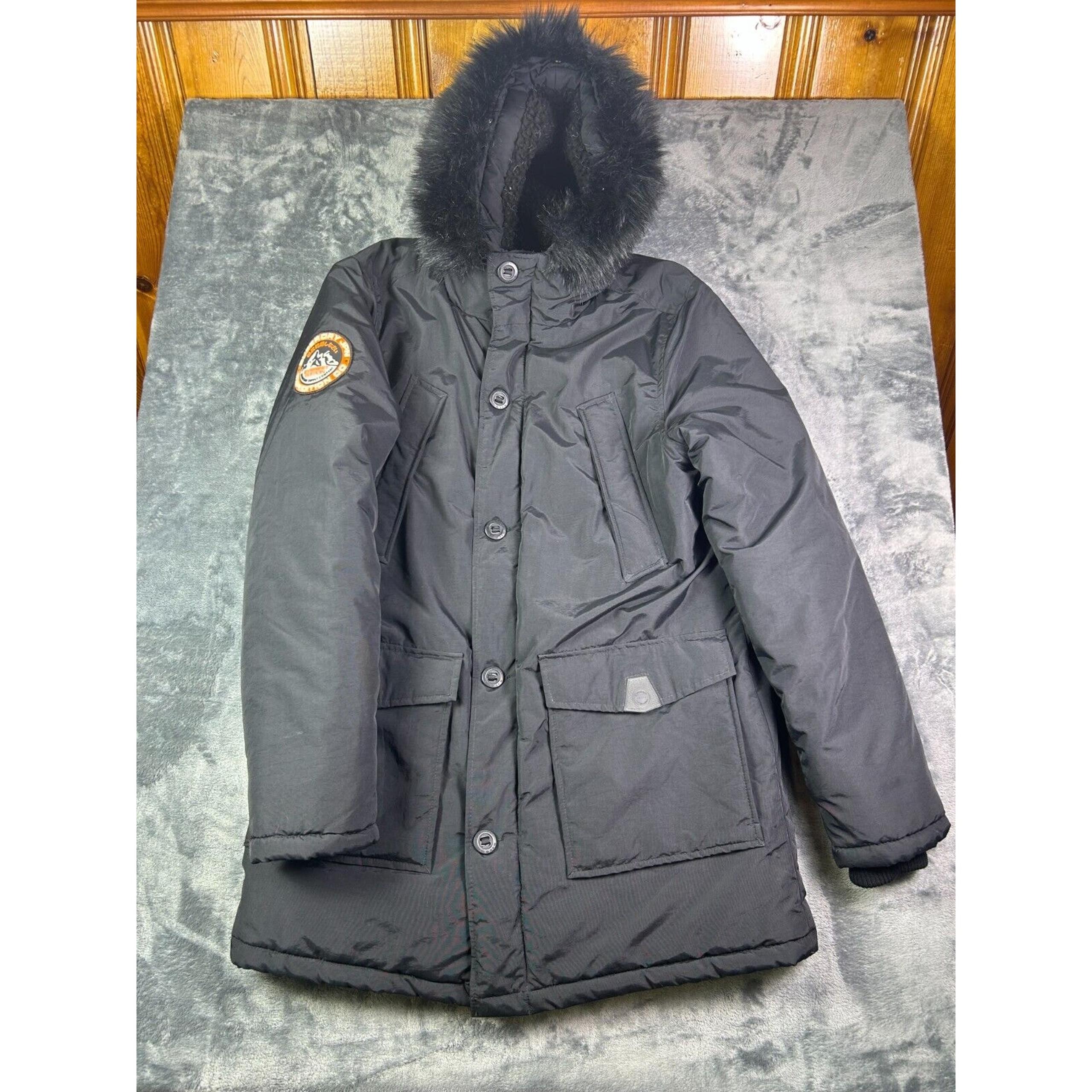 Superdry Everest Mountain Parka Men Large Black Full Zip Faux Fur Hood Jacket