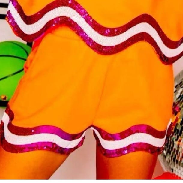 QUEEN OF SPARKLES Orange and Purple Wavy Sequin Shorts