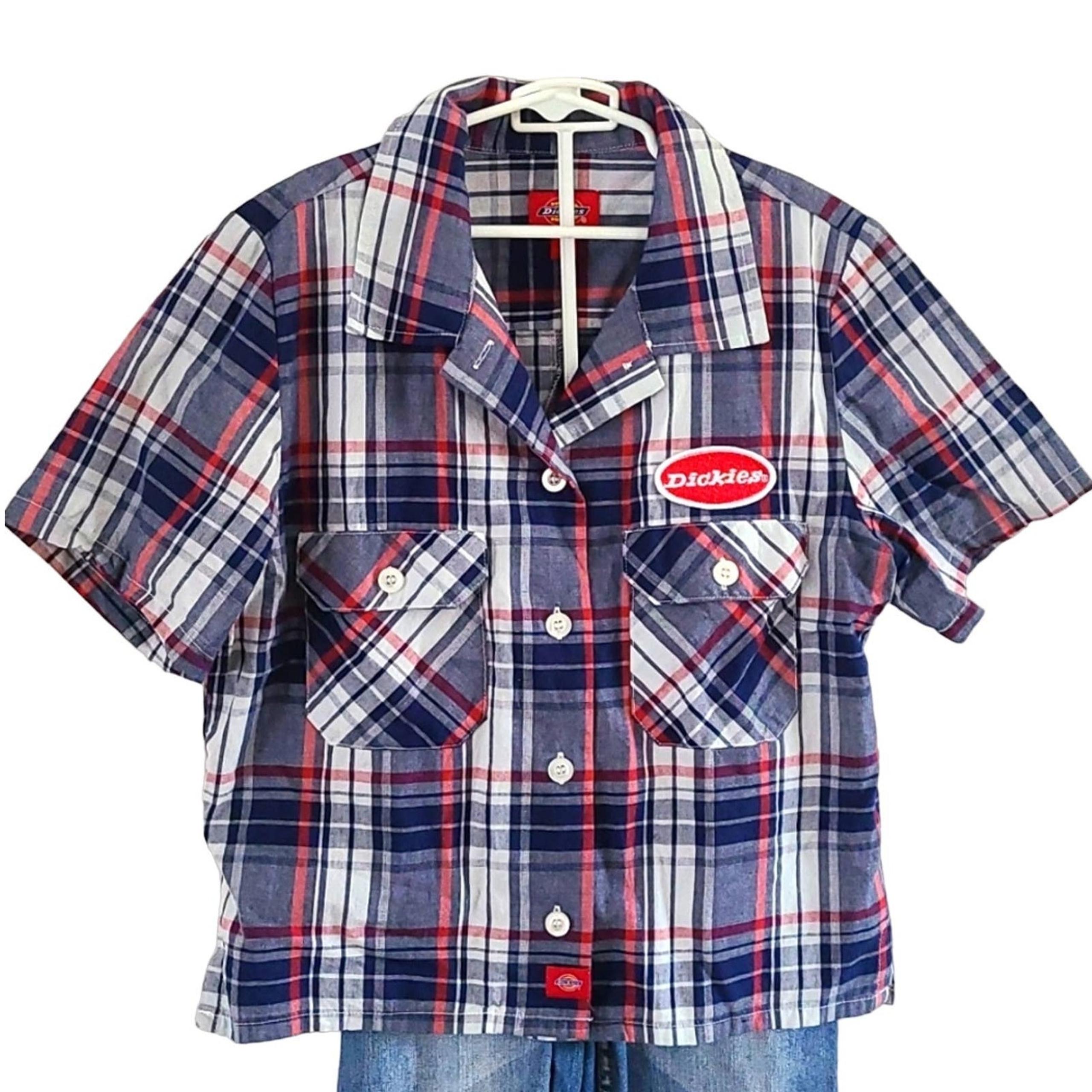 Dickies Boys’ Short Sleeve Plaid Button-Down Shirt Size S 6/7, Red/Navy/White