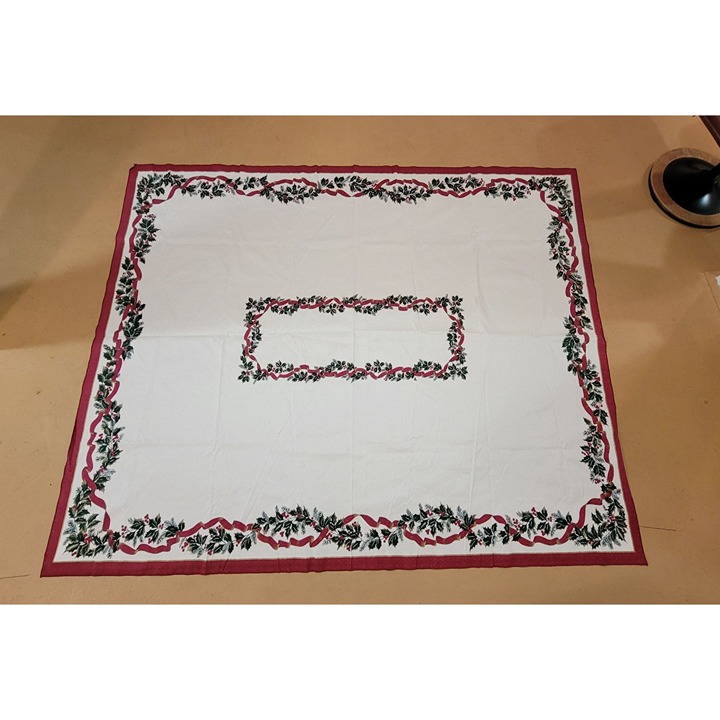 Vintage Christmas Tablecloth | 78 x 63 Holiday | Red | White | Green | Holly
