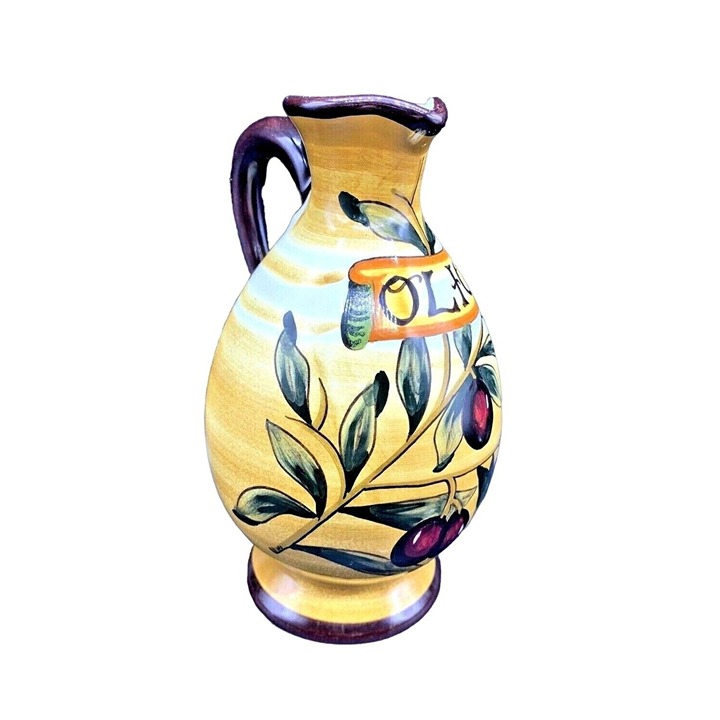 CN Montelupo Italy Tuscany Art Pottery Oil Pitcher Yellow Green Olives
