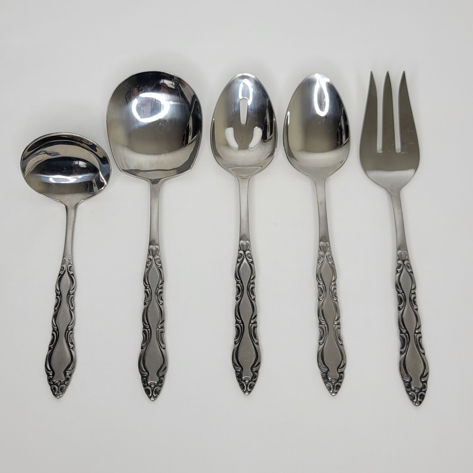 5 Piece F B Rogers Stainless Brushed Scrolled Handled Serving Set Flatware