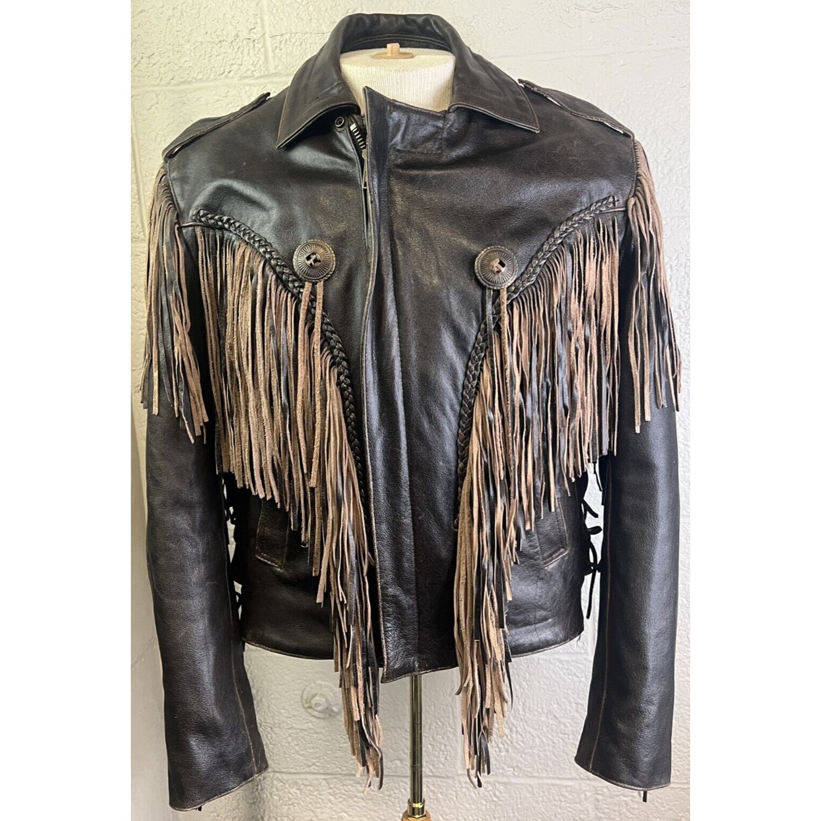 HYDE OUT Leather Motorcycle Jacket Large Laced Sides Fringes Thinsulate Size 40