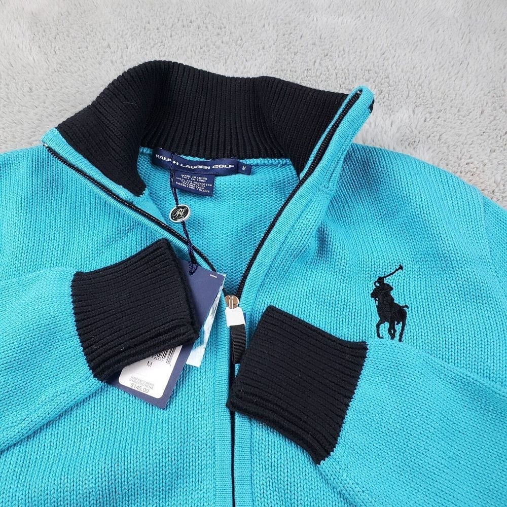 Ralph Lauren Golf Sweater Mens M Teal Full Zip Long Sleeve Big Pony Knit Jacket