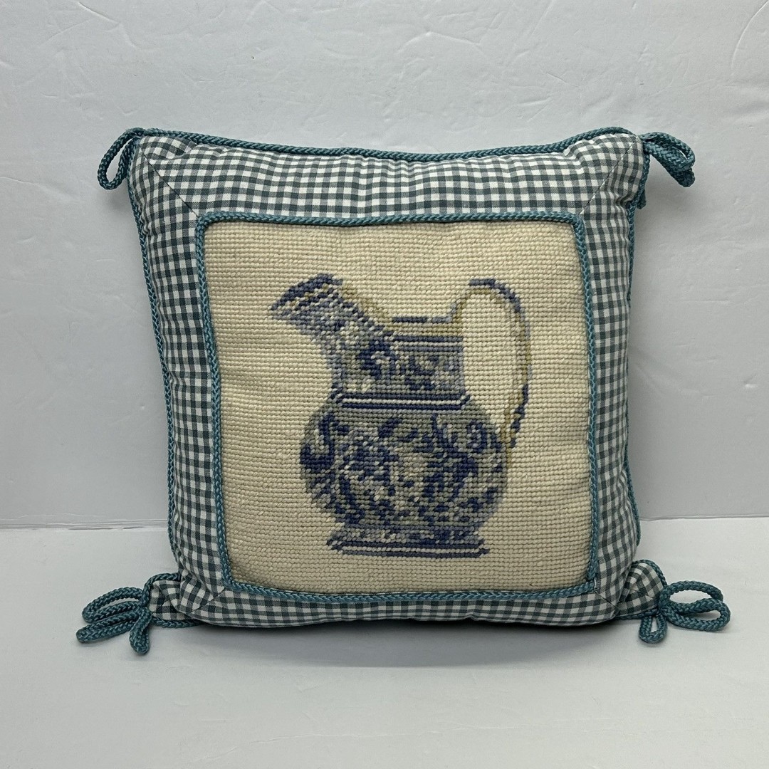 Vintage Needlepoint Pillow Floral Pitcher Blue White Gingham Plaid 11 x 11