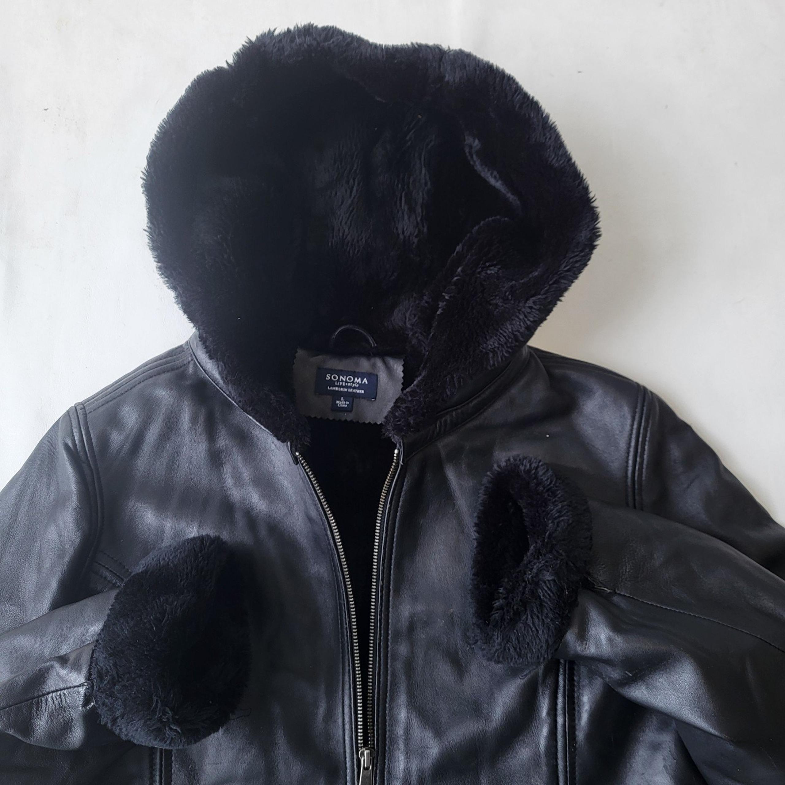 Sonoma Lifestyle Lambskin Leather Jacket Black Fur Hood Jacket Womens Coat