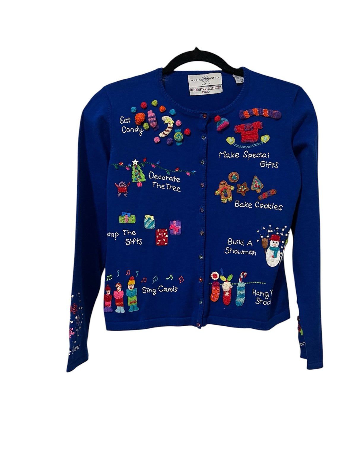 VTG Marisa Christina Christmas Collection 2000 100% Cotton Blue Cardigan Size PP