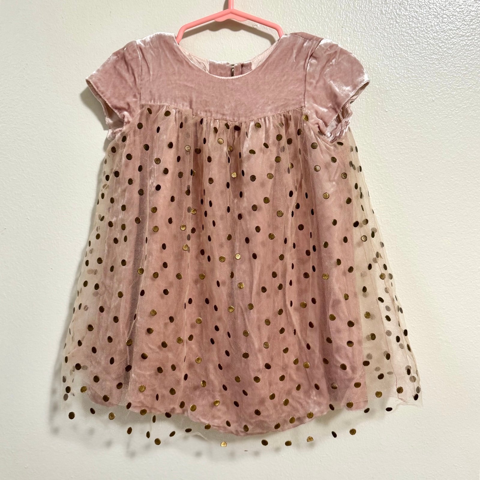 Bonpoint dress 2A Pink Velvet with Gold Polka Dots