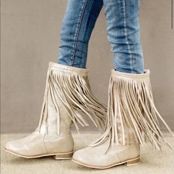 NWOT Joyfolie Mia Joy Suede Shimmer Fringe Willow Boots, faux fur lined *read