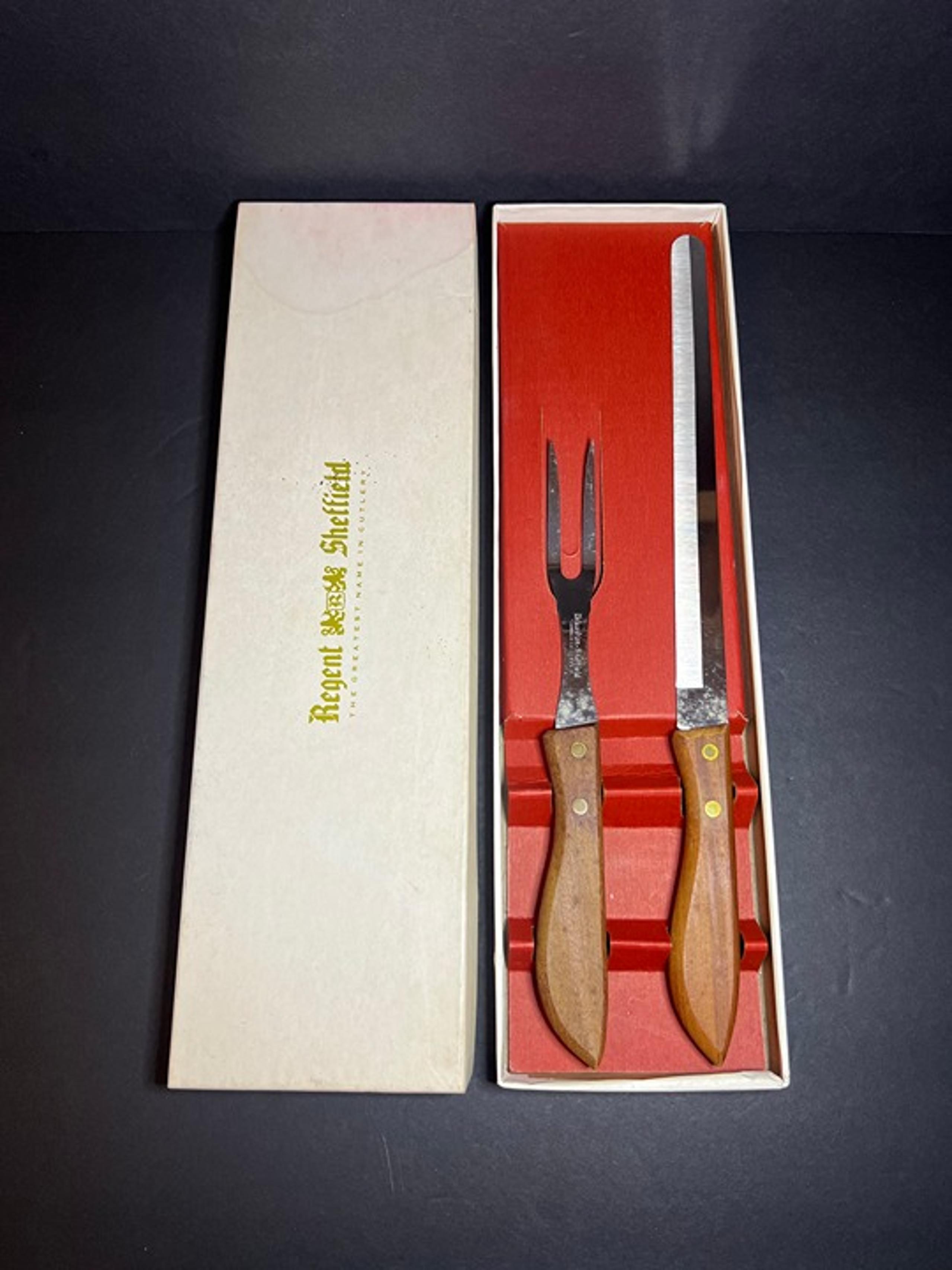 Vintage Regent Sheffield Wooden Handle Stainless Steel Carving Knife & Fork Set