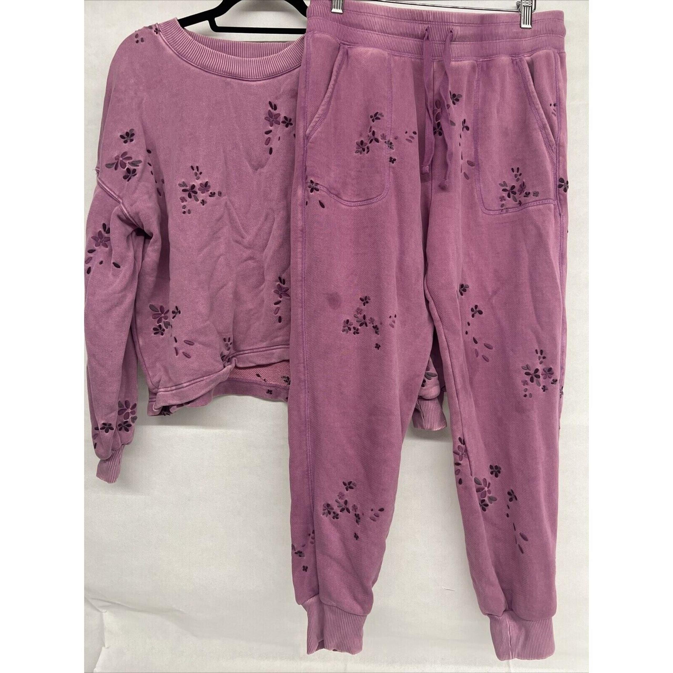 2PC SET SPLENDID PURPLE FLOWER FLORAL EMBROIDERY SWEATSHIRT SZ MEDIUM