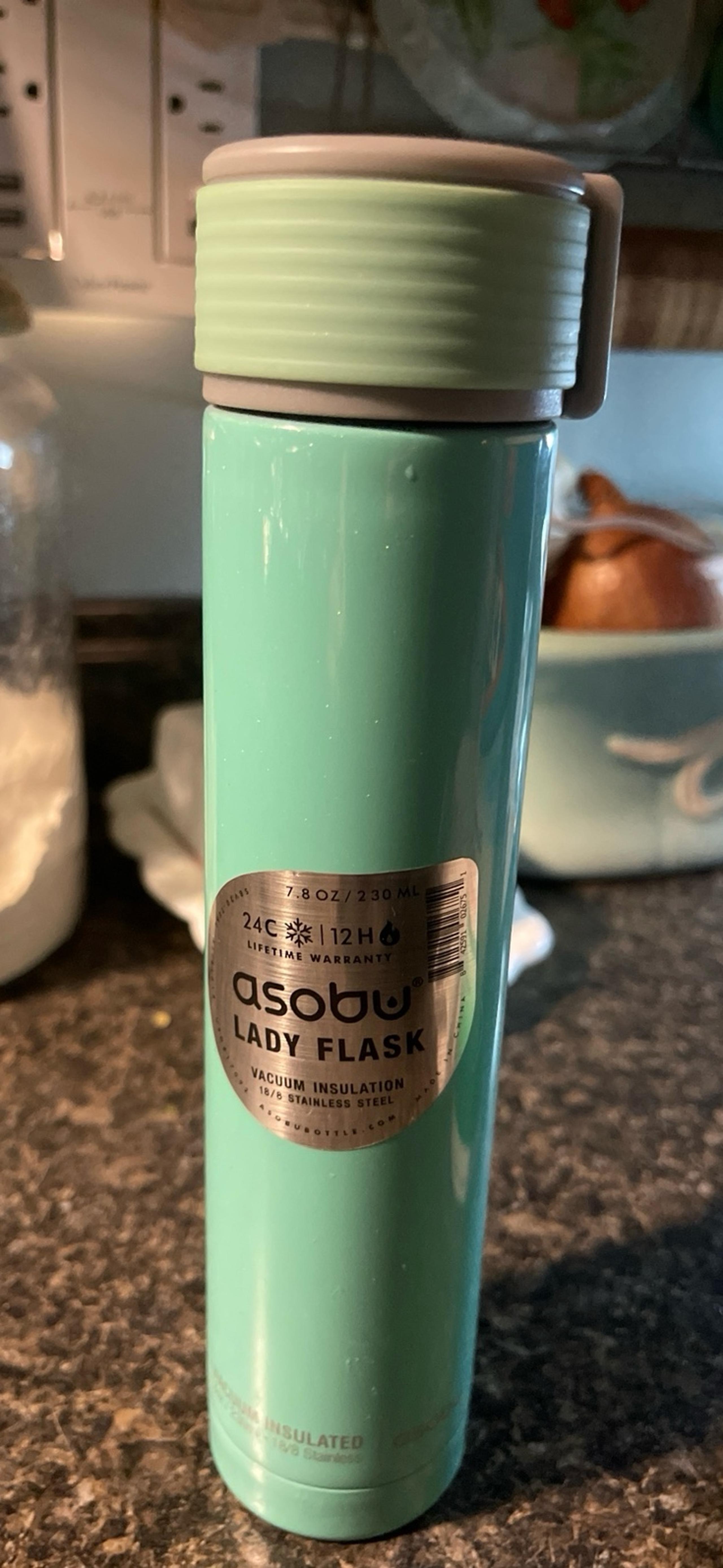 New asobu Lady Flask vacuum insulated 7.8 oz turquoise bottle.