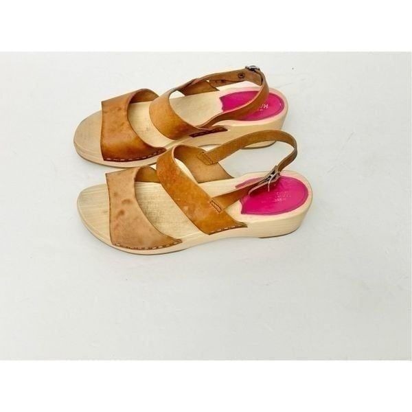 Swedish Hasbeens Tan ( Cognac ) Leather Wooden Platform Sandals