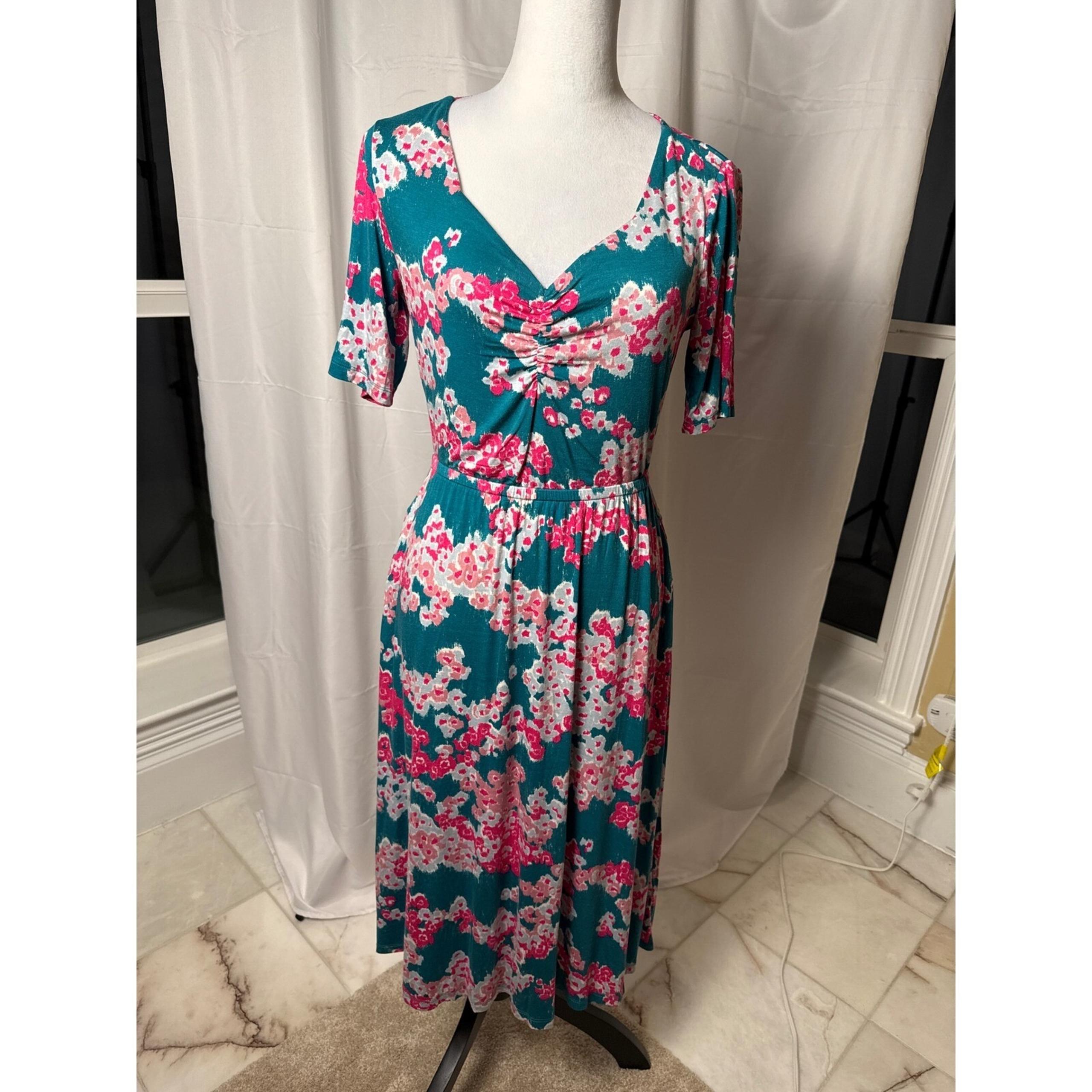 Floral Print Midi Dress Ruched Teal Pink Casual XSP - Jason Wu