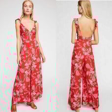 Free People Be The One Jumpsuit Romper Floral Red Bohemian Flutter Sleeve