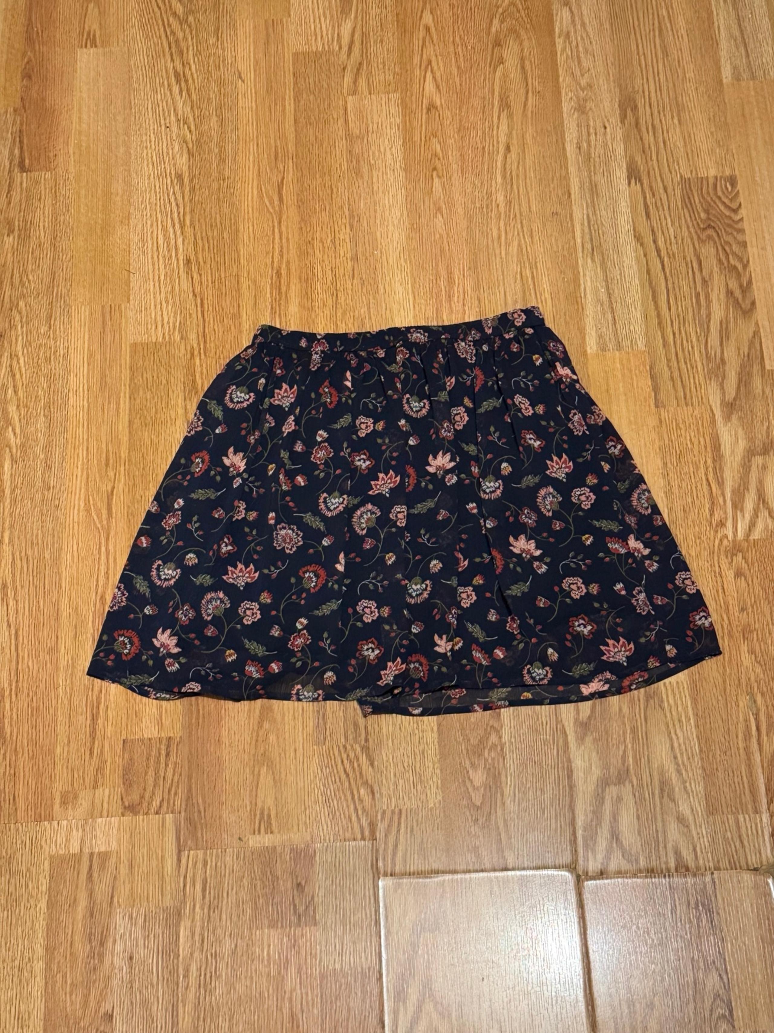Hollister Navy Blue Mini A-line Skirt with pink and red florals and green leaf