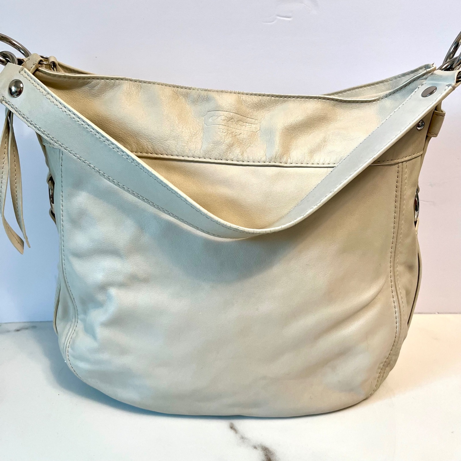COACH Leather ZOE Hobo Bag Designer Purse Shoulder Bag Ivory Bone Cream Pink
