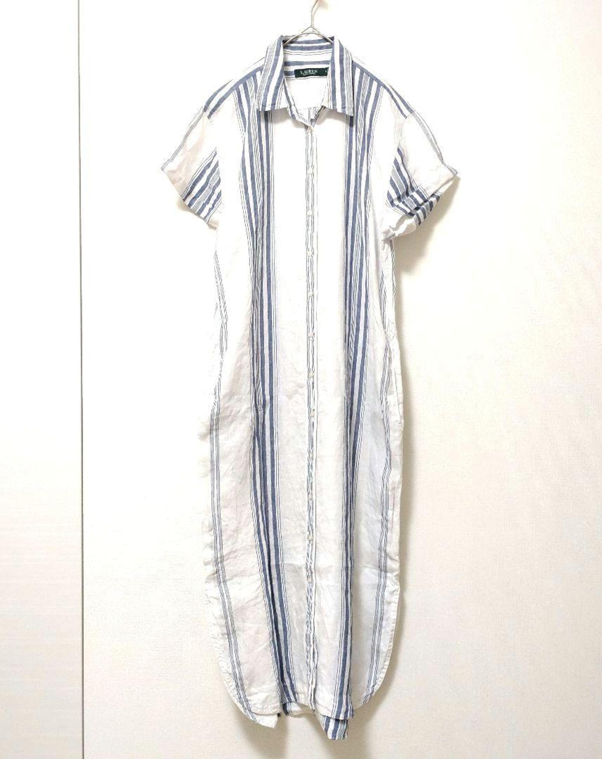 Lauren Ralph Lauren Linen Shirt Dress Striped Blue Plus Size