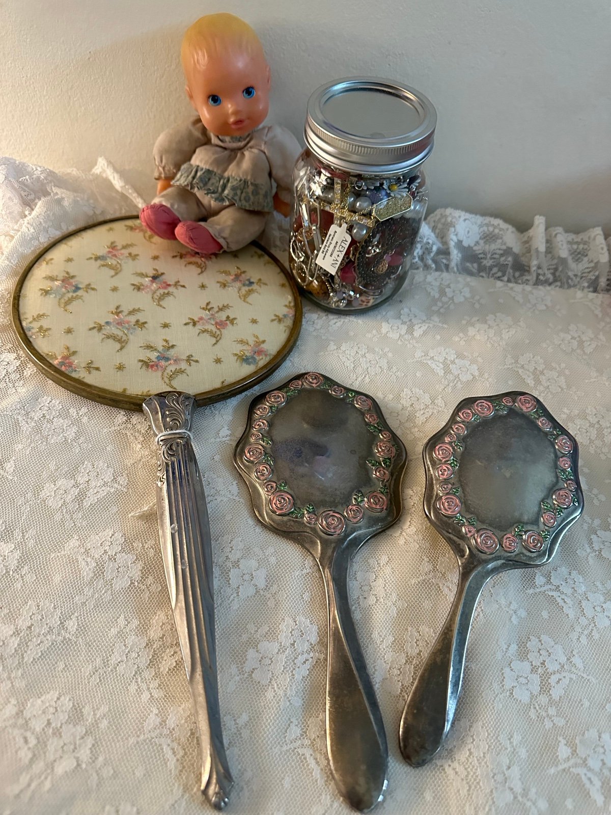 Vintage Vanity Mirror & Brush Set including Jewelry Jar & Vintage Doll