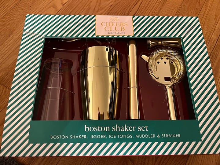 boston shaker set- shaker jigger ice tongs muddler strainer bar