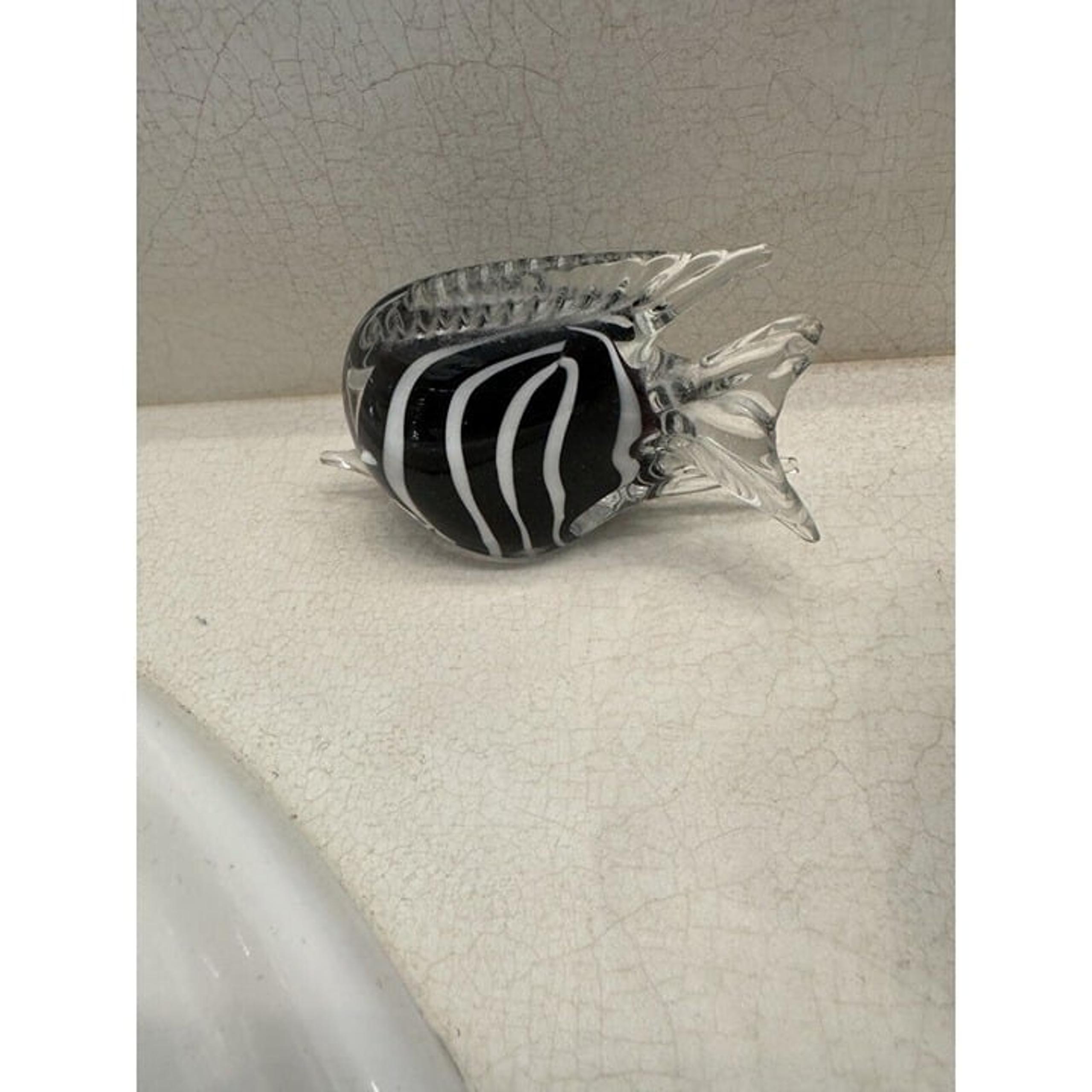 Art Glass Hand Blown Black & White Striped Angel Fish 4x3” VTG