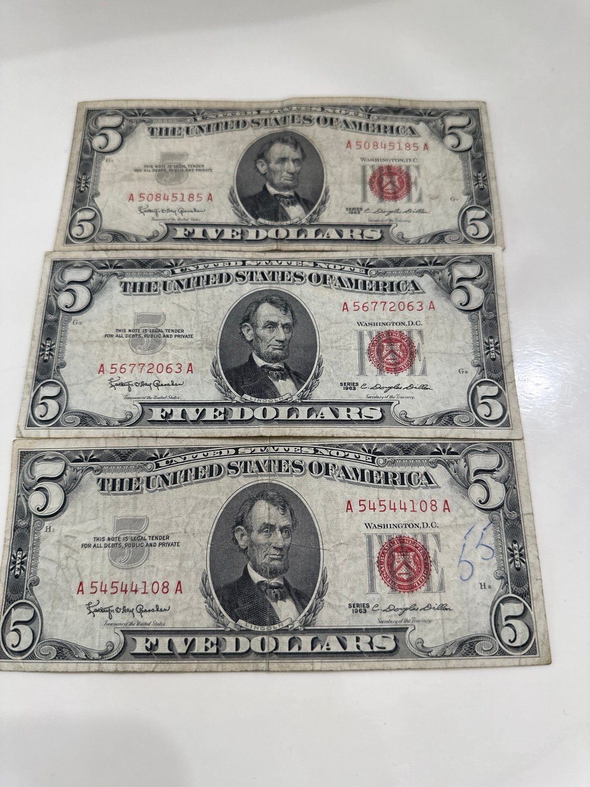 3 bills five dollar red seal series 1963