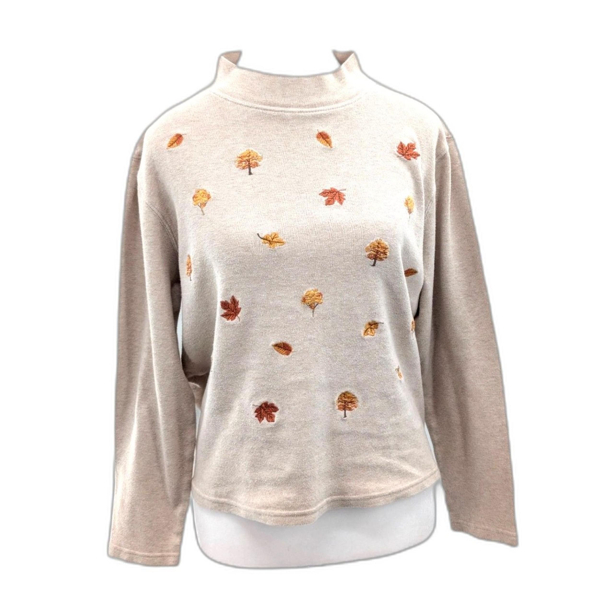Studio Works Vintage Fall Leaf Beige Pullover Mock Neck Sweater Size Medium