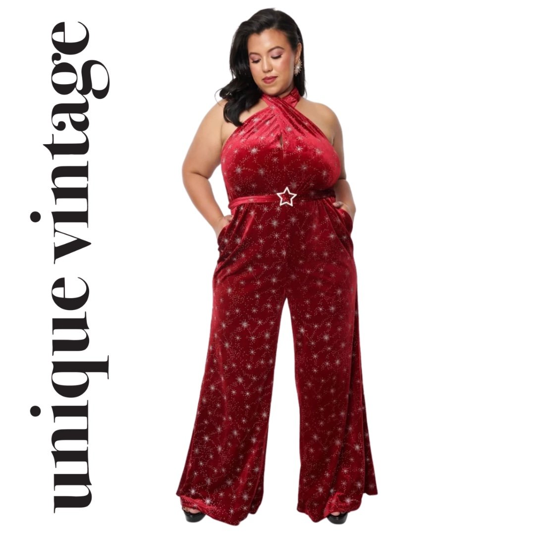 Unique Vintage 1970s Red & Silver Star Velvet Draped Darling Jumpsuit, NEW!