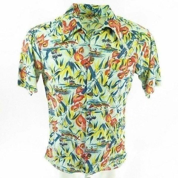 Vintage 60s Hang Ten Hawaiian Camp Shirt M Tropical Beach Button Front Pocket