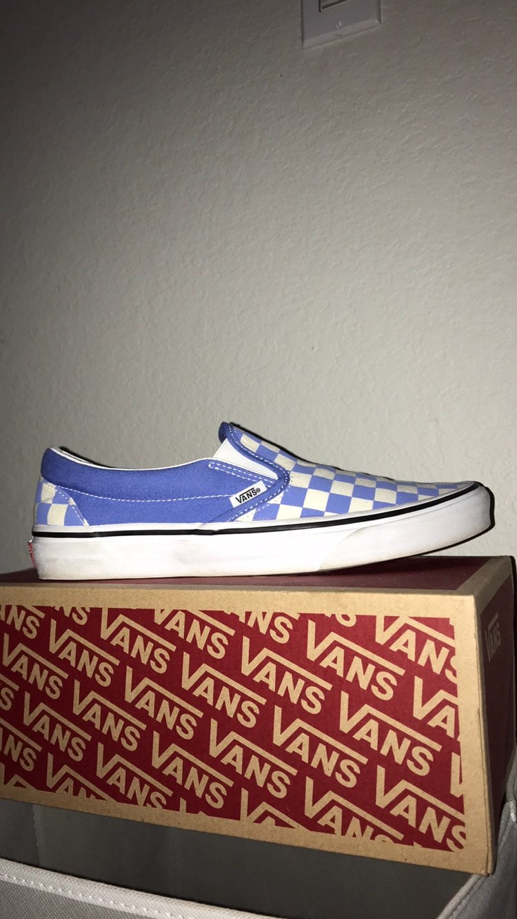 Blue and white checkered slip on vans