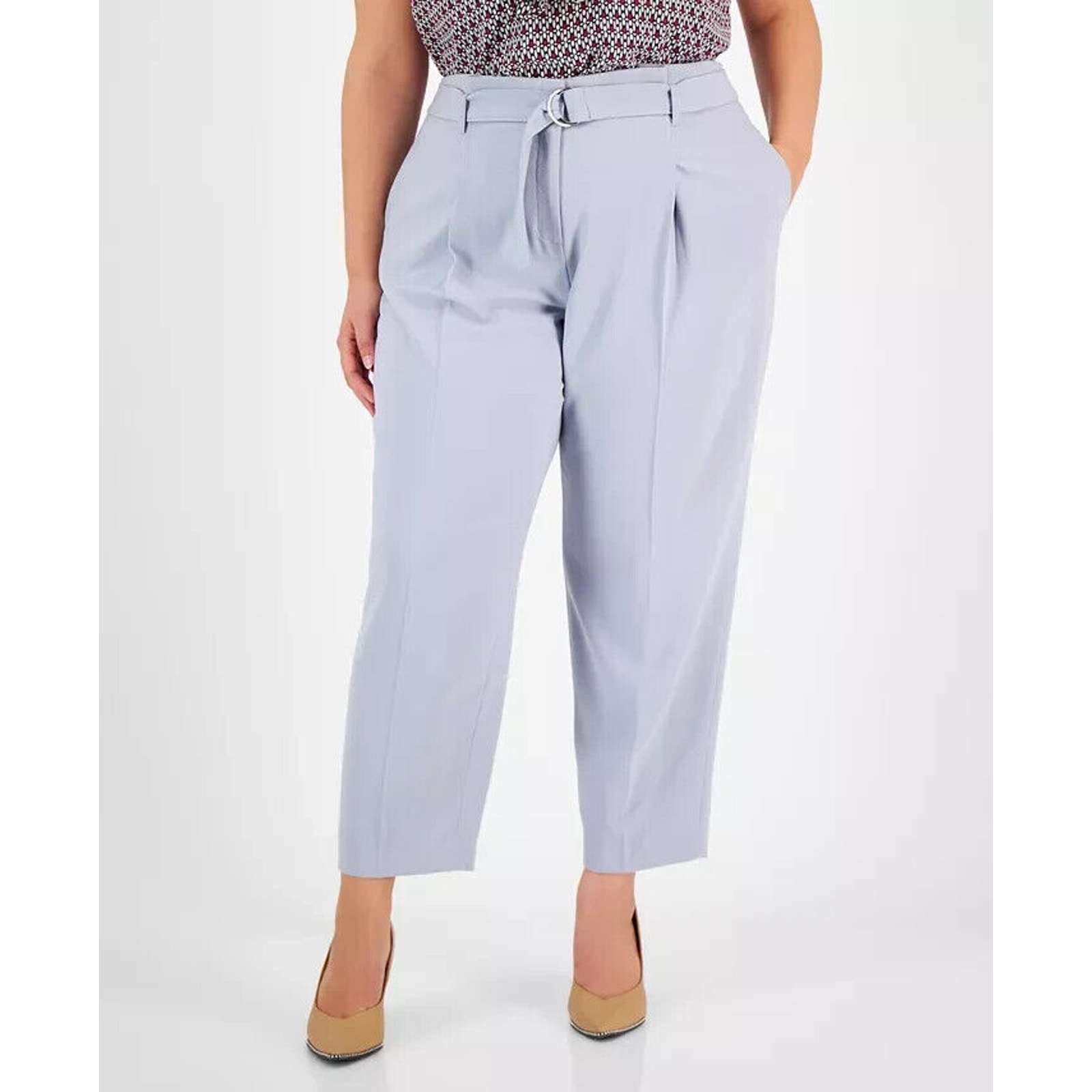 Bar III Women's Belted Texture Crepe Pants Mid Rise Moonstone Plus Size 14W NWT